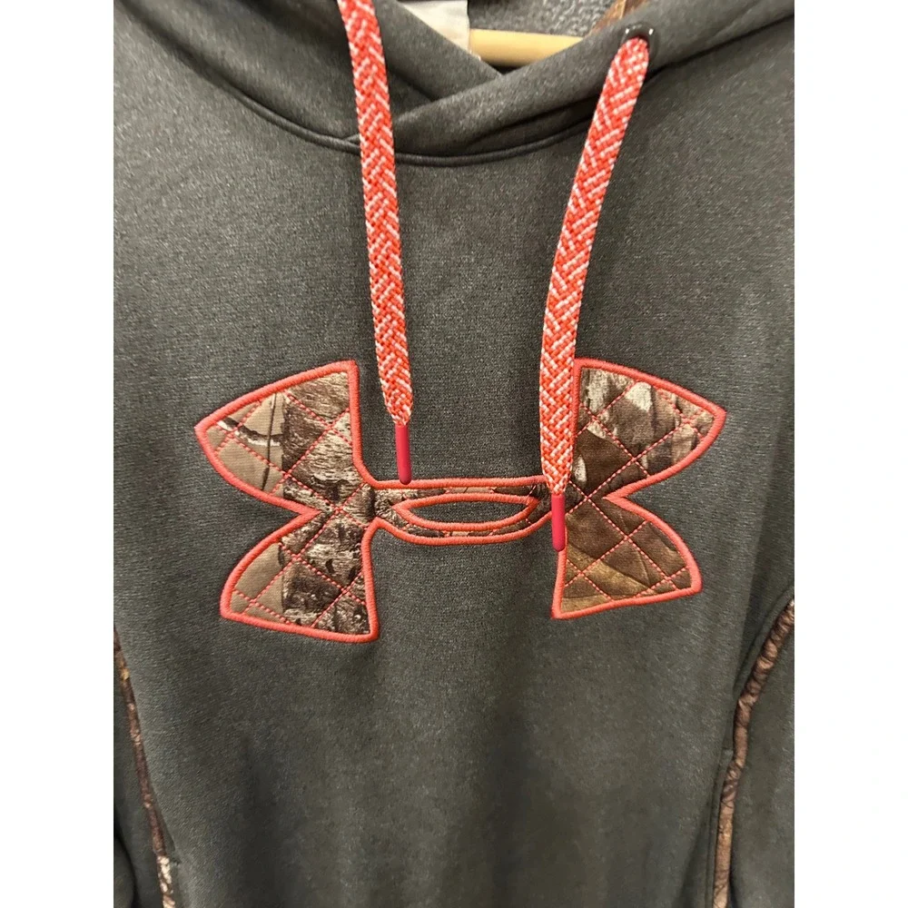 Under Armour Hoodie Grey Camo Logo Coral Pink Accents Fleece Pullover Sweatshirt